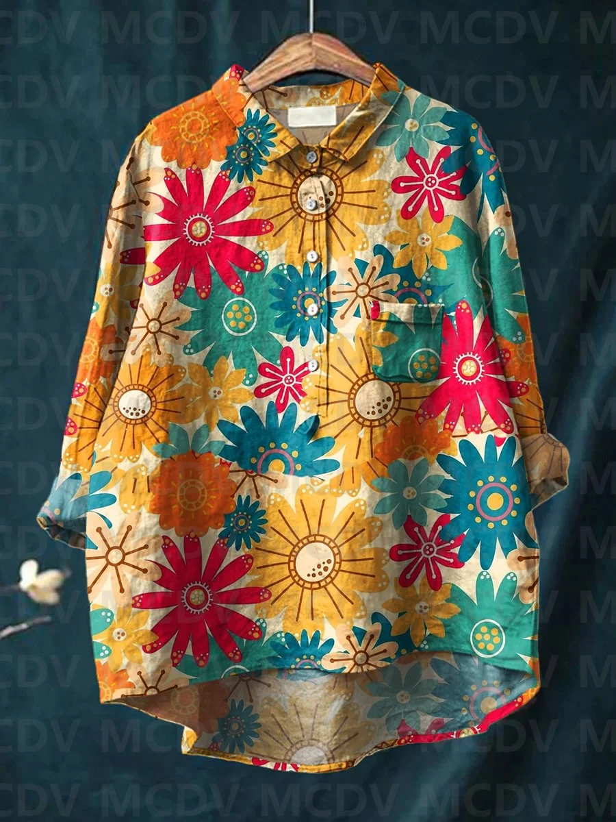 Camisa estampa artística de planta floral feminina, camisa casual e linho