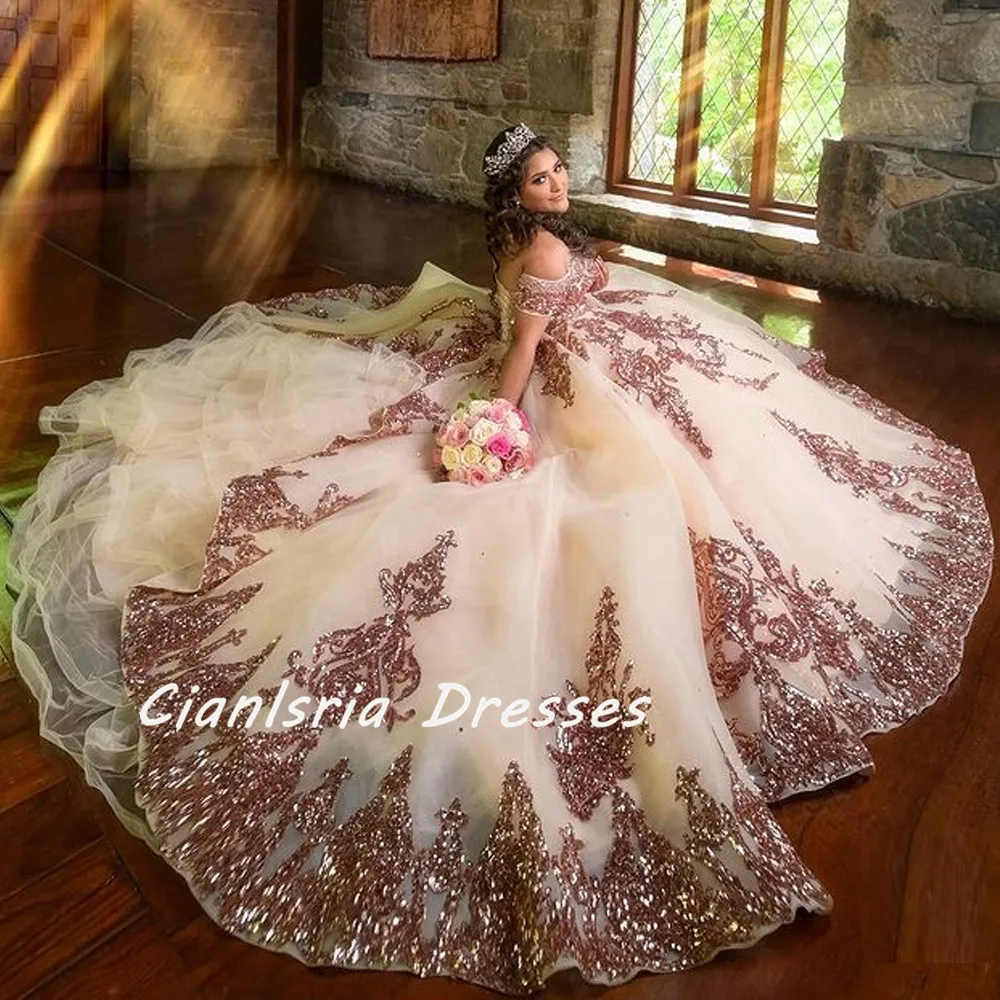 Vestido De quinceañera De oro rosa, 15 años, apliques, cuentas, dulce 16, baile De graduación, fiesta De cumpleaños