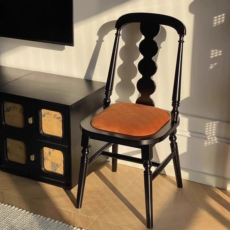 

Medieval French retro American solid wood backrest restaurant chair, rattan simple home cafe light luxury