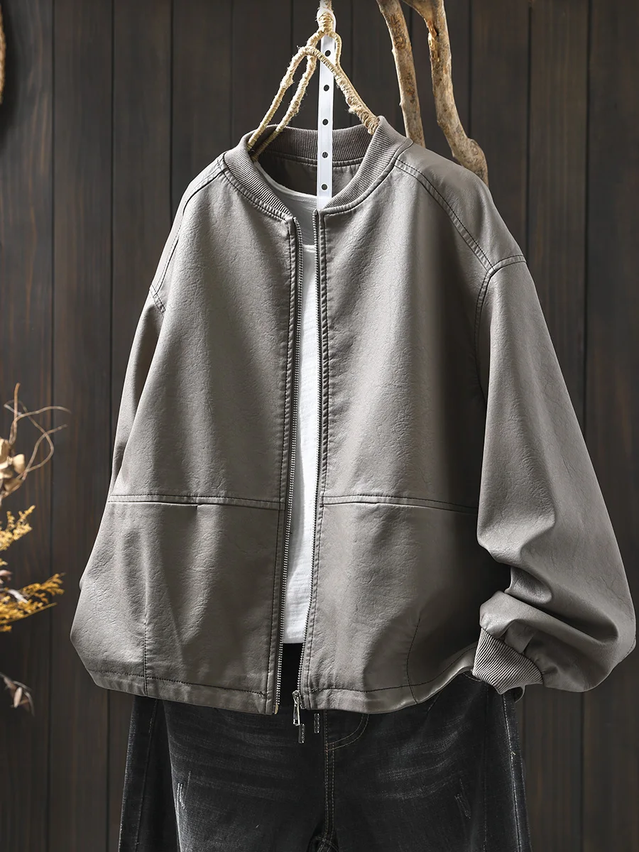 Women's ort PU Leather Jaet Stand Collar Biker Sle Bla And Beige Coat Casual Commute Faion Chinese Production