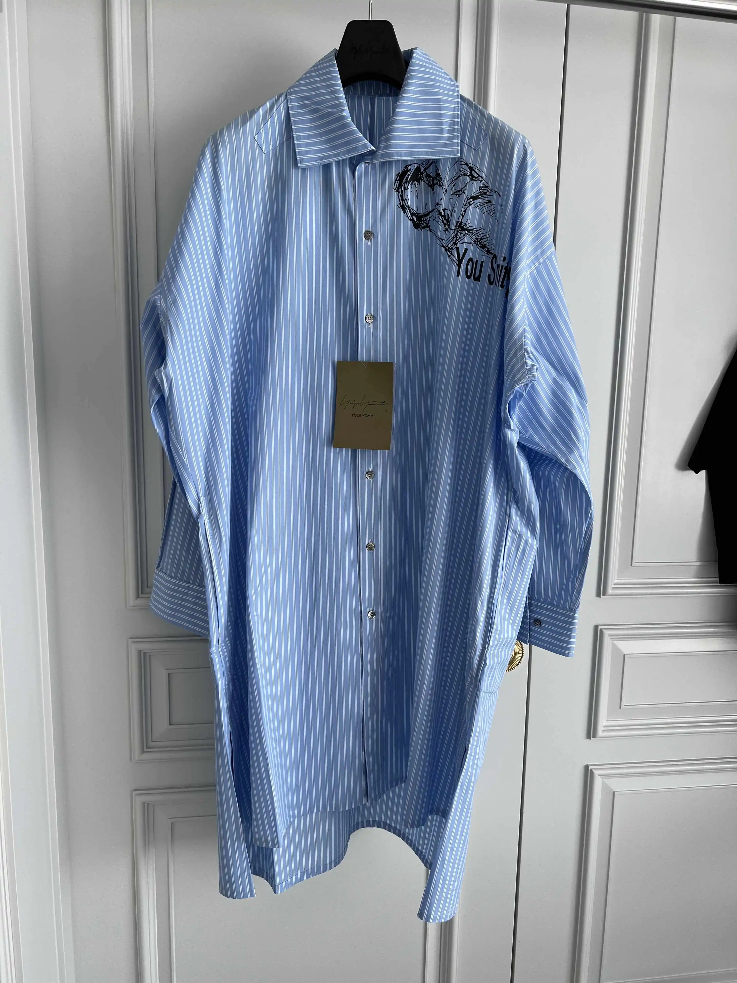 

TOP-YAMAMOTO original design blue and white striped sketch print pure cotton poplin shirt fine cotton