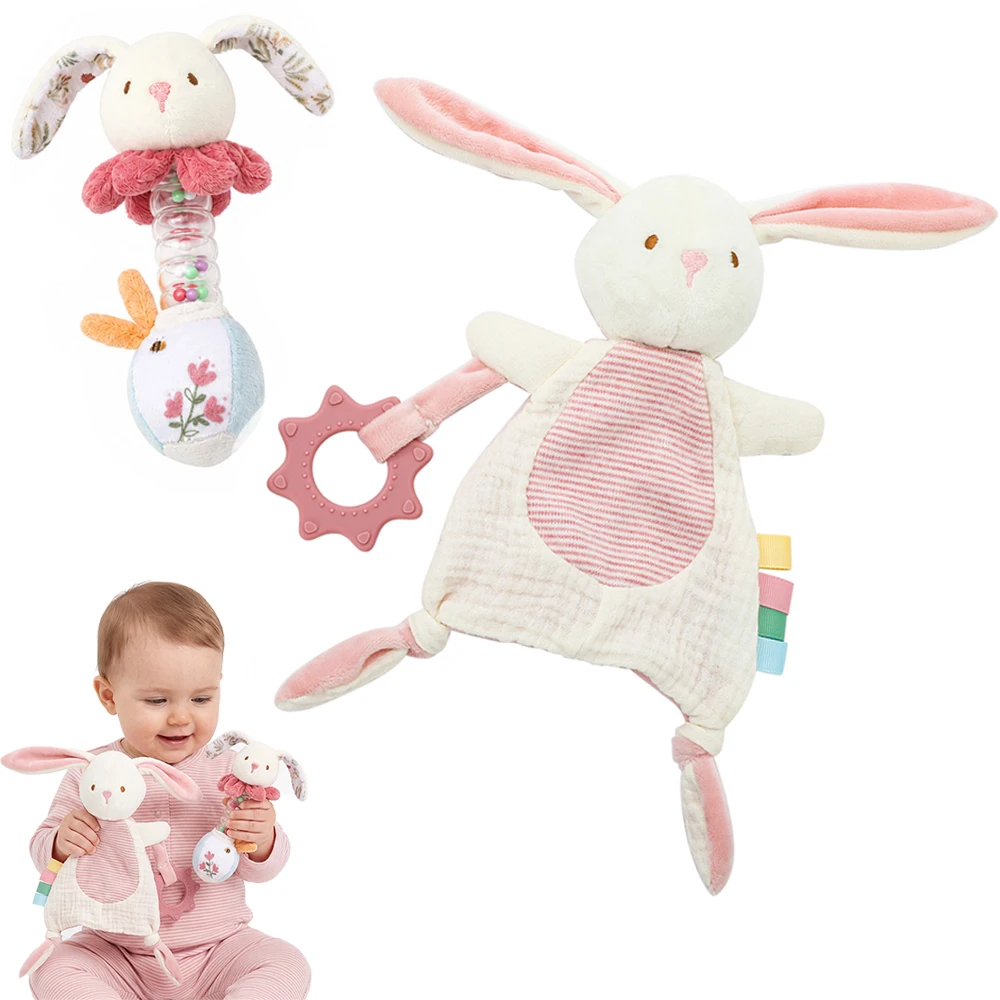 2 Piece Baby Bunny Rainstick Rattle Baby Toys Soft Plush Silicone Teether Sensory Toys for infant Fine Motor Skills Teething Toy
