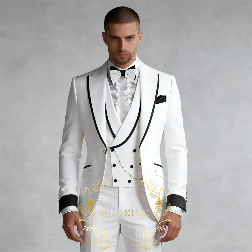 

Мужские костюмы класса люкс, пошитые на заказ, белые, 3 предмета, приталенный крой, для официальных мероприятий, свадеб, жениха, свидетеля (пиджак+жилет+брюки)