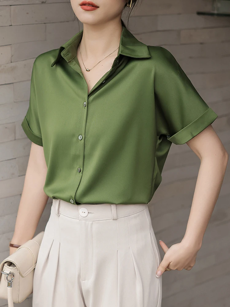 2024 Summer Satin Silky Green Shirts Women Short Sleeve Blouse Shirts Elegant Tops Blusas Femme Office Lady Blouses for Women