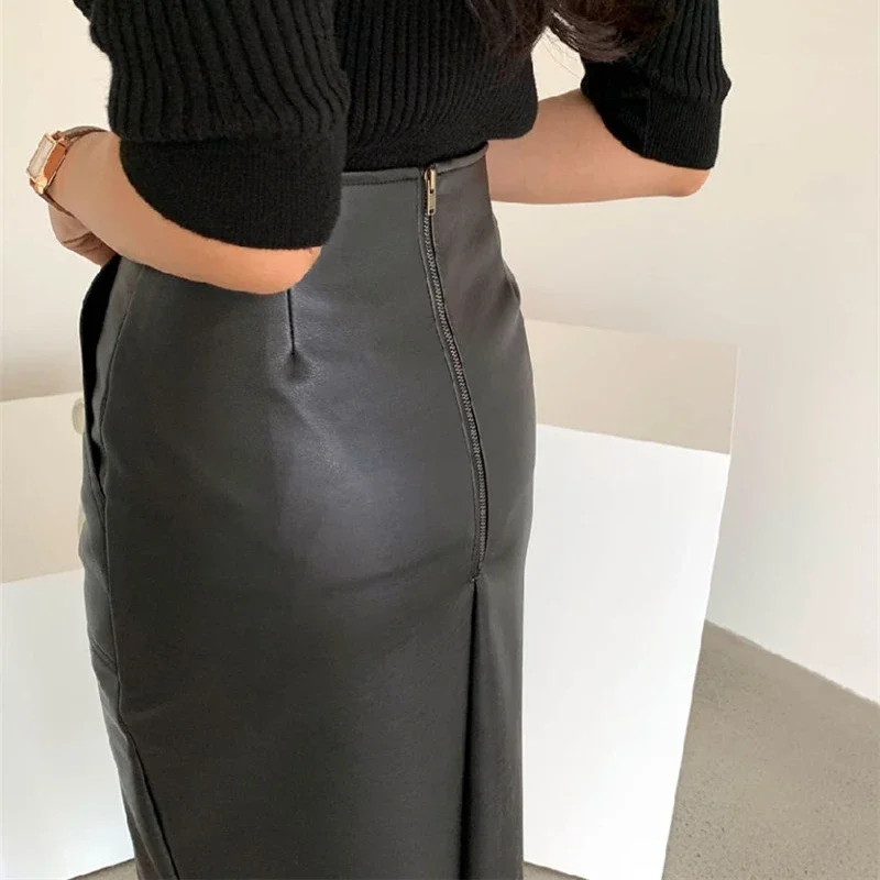 DAYIFUN-PU Leather Skirts Women High Waist Pocket Package Hip Skirt Front Split Midi Pencil Skirt Female New Autumn 2024 Clothes