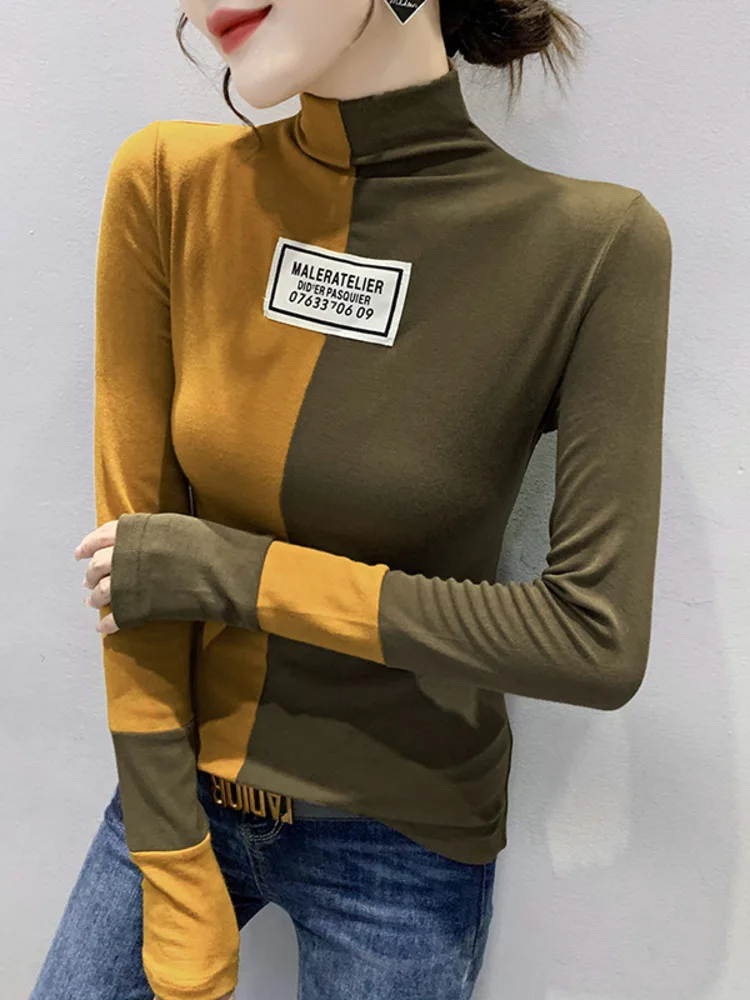 2025 Design Sense Splicing Half High Collar Long Sleeve T-Shirt For Wen's Winter Thick Patchwork Top Fashionable Slimming