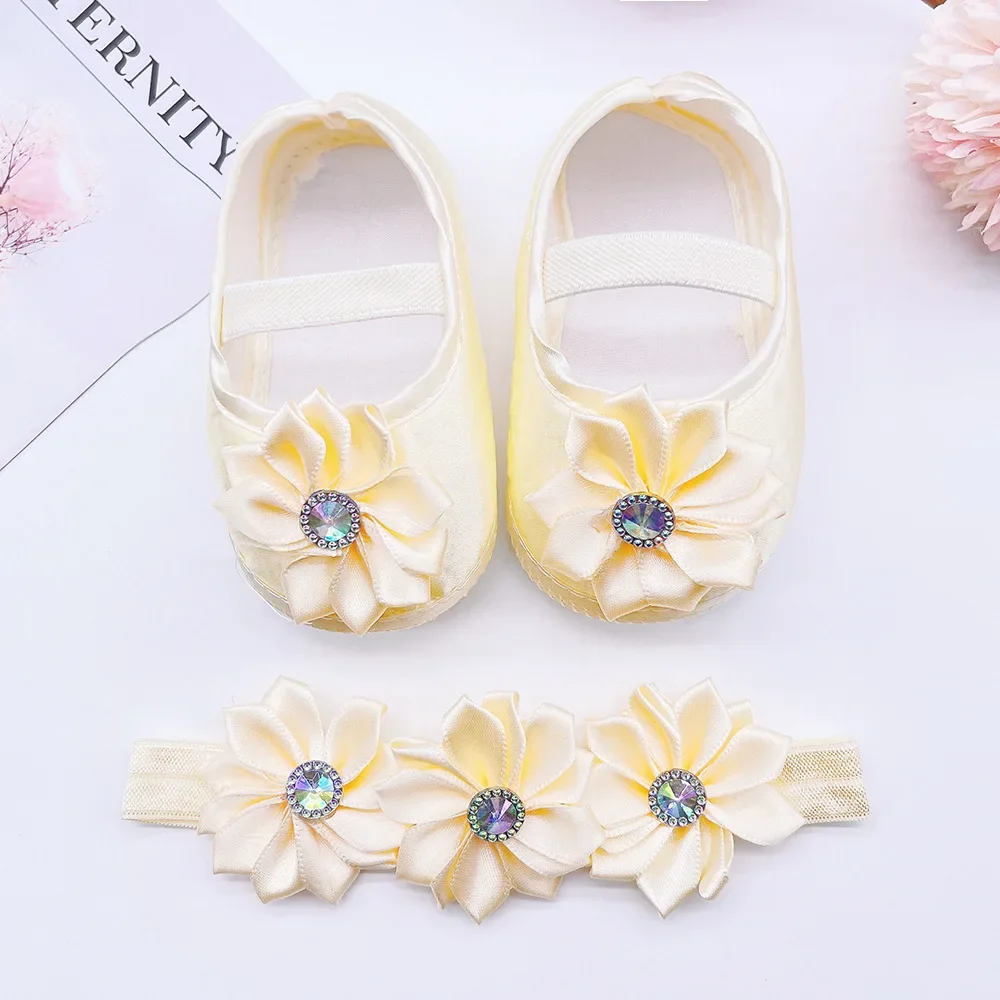 Baby Girls Princess Flower Shoes Headband Set First Walker Shoe Infants Toddlers Soft Sole Anti-skip Spring Autumn