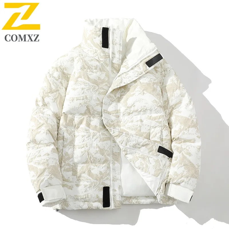 COMXZ 2025 Winter American Streetwear Men's Trendy Hooded Down Coat Thickened Warm Parka Jacket