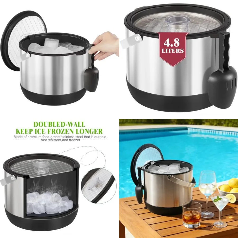 

5QT/4.8L Insulated Ice Bucket for Parties, Large Capacity Double-Wall Beverage Bucket with Scoop Lid for Champagne, Wine, Cockt