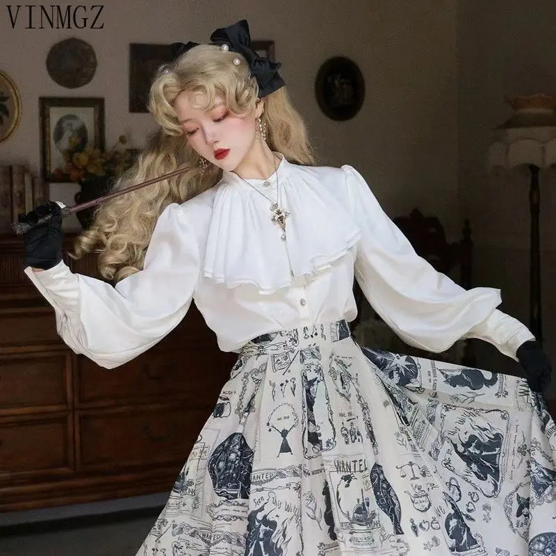 French multi-layer scarf satin leg of lamb sleeve shirt autumn and winter elegant original witch bounty Lolita shirt