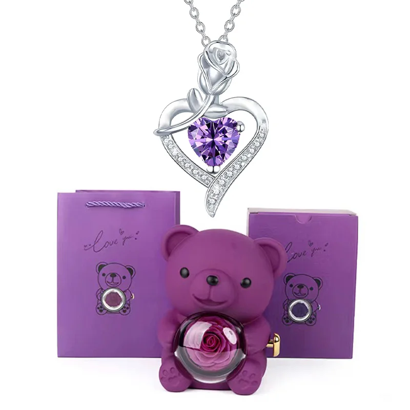 

Ожерелья с подвеской в виде фиолетового сердца и милым медведем, роза, подарочная коробка для женщин, 2026 годовщины, Рождество, свадьба, день рождения, ювелирные изделия