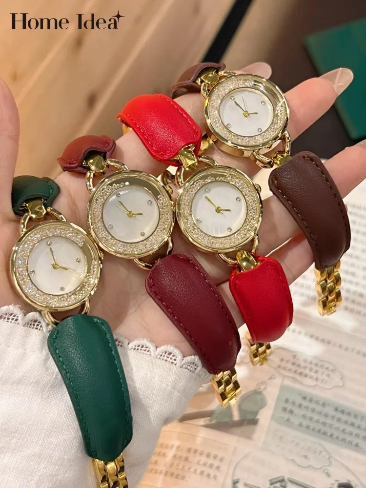 Elegant Ladies Genuine Leather Strap Shiny Diamonds Quartz Watch Women Office Work Fine Accessory Wristwatches Designer Watch