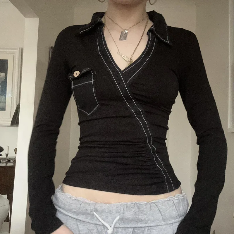 Niche American Style Workwear POLO Collar Slim Fit Long Sleeved T-Shirt With Contrasting Color And Visible Thread Casual Base