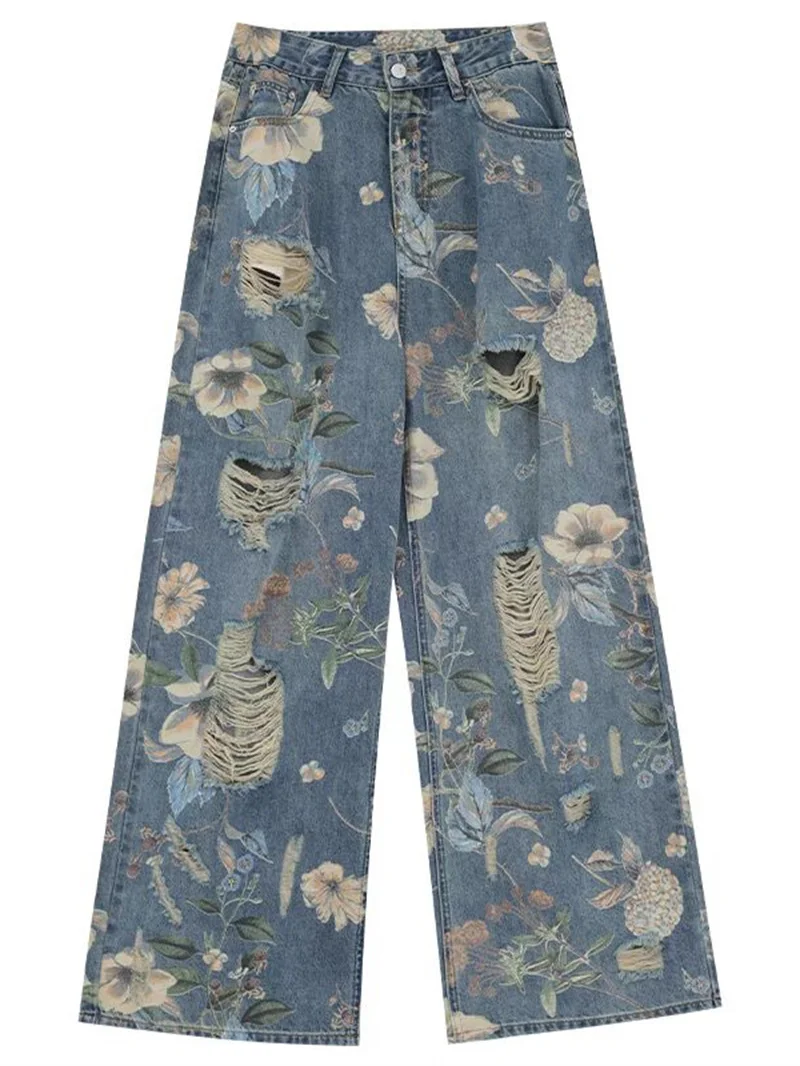 Vintage Floral Jeans Women Y2K Ripped Ins Broken Hollow Pants Loose Wide Leg Flower Cowboy Pants Unisex