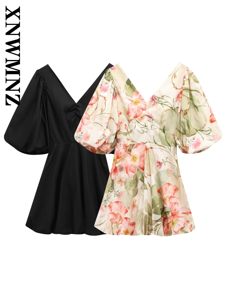 

XNWMNZ 2025 Summer Lady Casual Sleeveless Top Mini Skirt Edgy Woman's V-Collar Lace Dress Ruffles Bowknot Dresses Print Floral