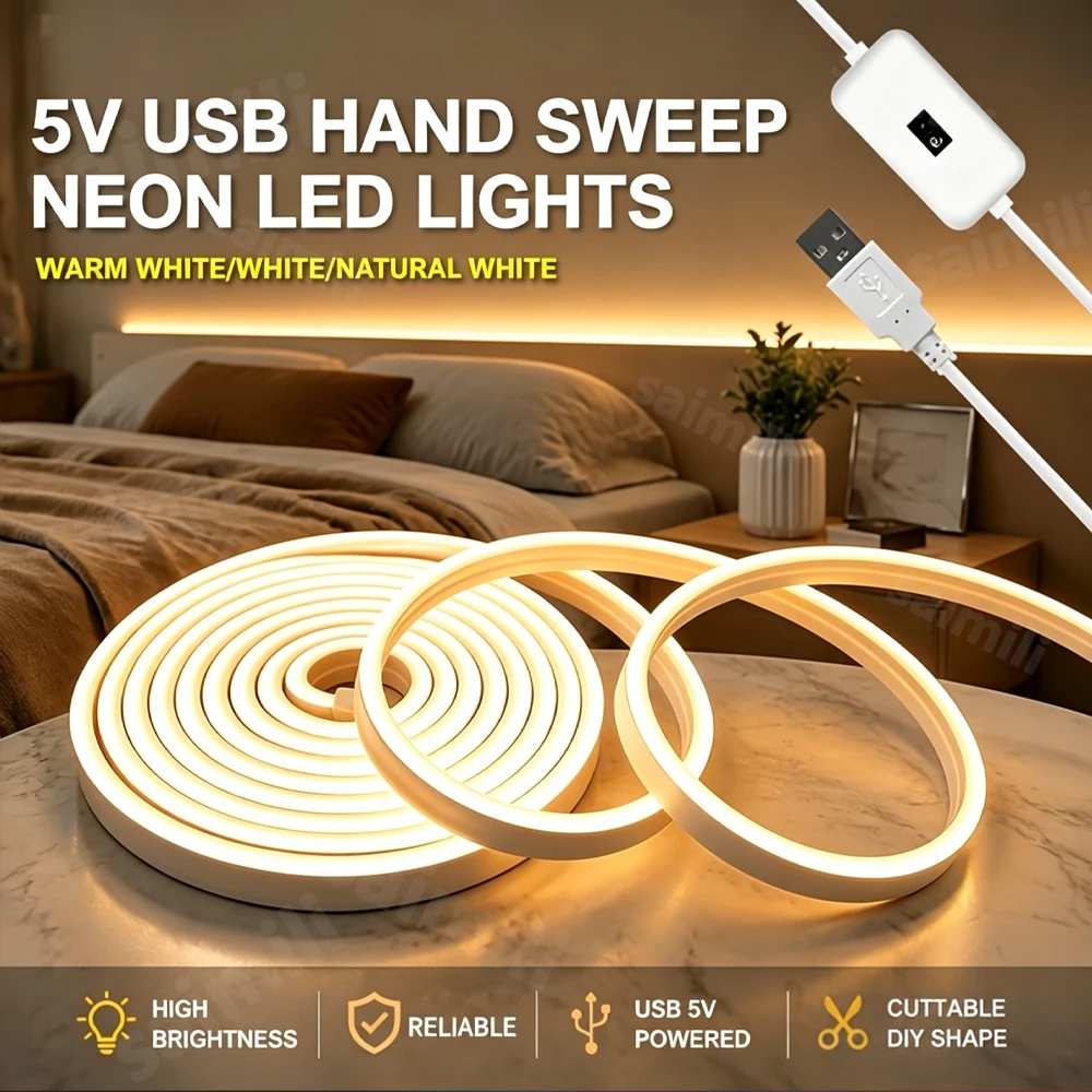 USB LED Neon Strip Light Hand Sweep Sensor Control Dimmable Waterproof Flexible Rope Lamp For Bedroom Living Room DIY Lighting