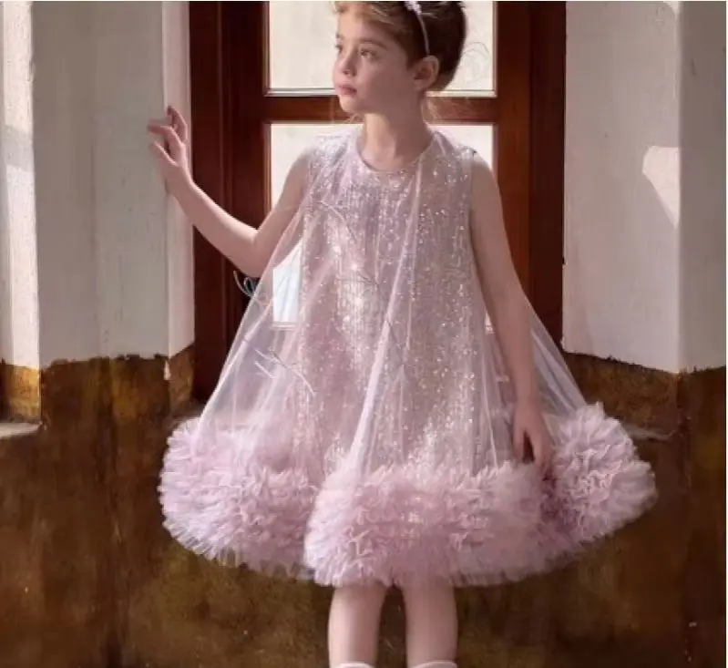 New European and American Style Puffy Bow Sequin Princess Dress for Girls