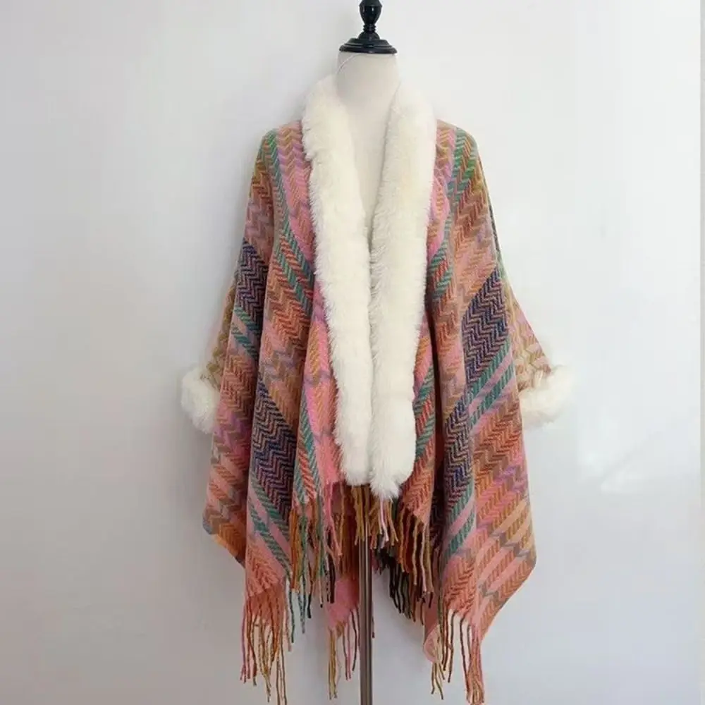 شتاء دافئ فو الفراء طوق شال مخطط الصوف الاصطناعي المعطف المنغولي نمط العرقية الحياكة يلتف لخريف شتاء #5