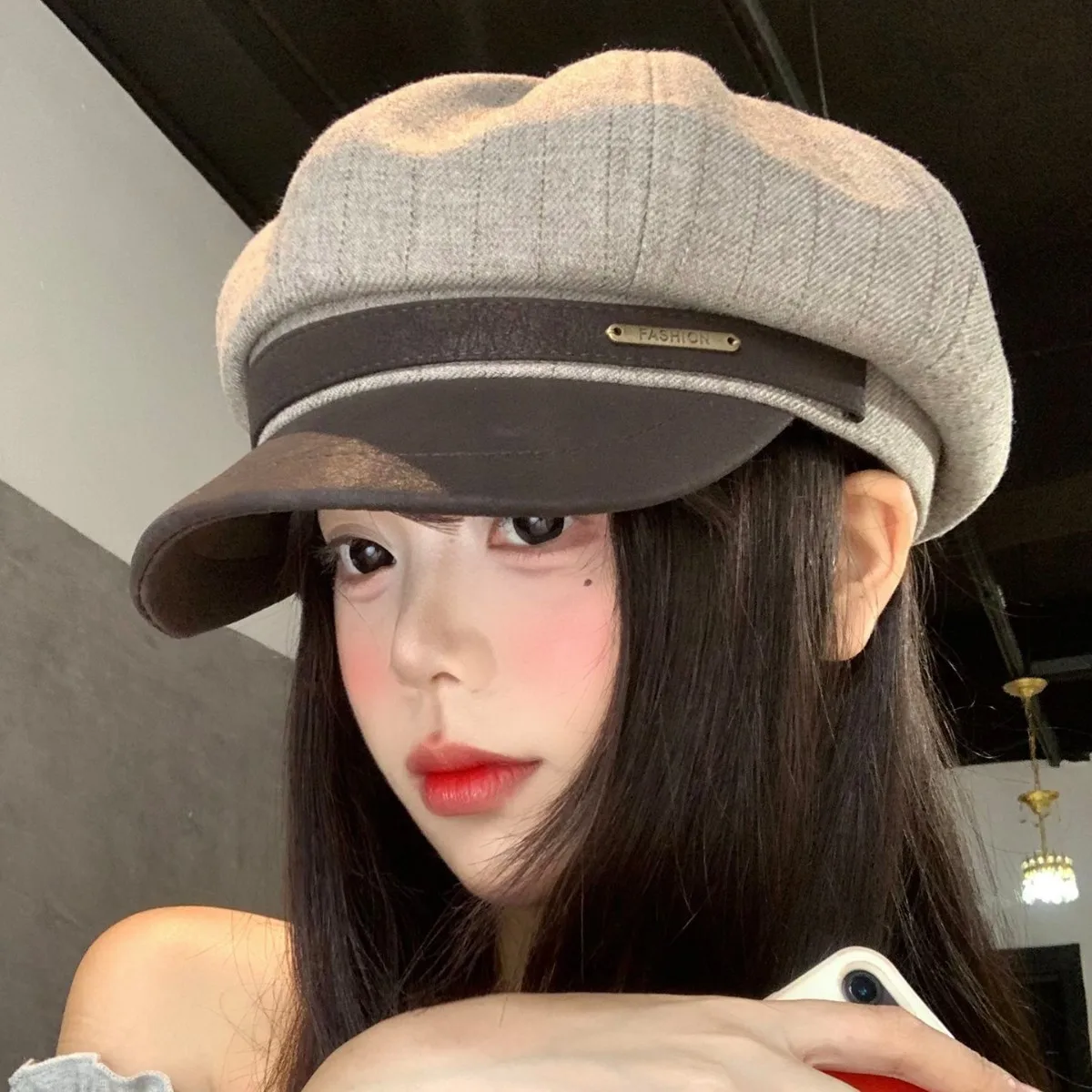 British Style Stitching Striped Octagonal Hat Women's Face Small Big Head Beret All-match Fashion Newsboy Painter Hat