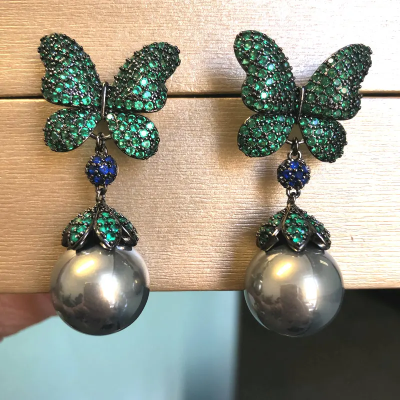 Bilincolor Grey Pearl and Green Butterfly Earring for Women