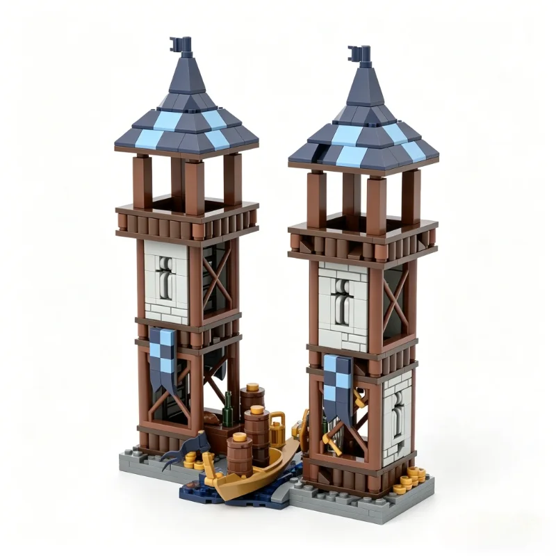 598PCS Medieval Watchtower Building Blocks Creative Lake Side Lookout Model Assembly Educational Toy Home Birthday Festival Gift