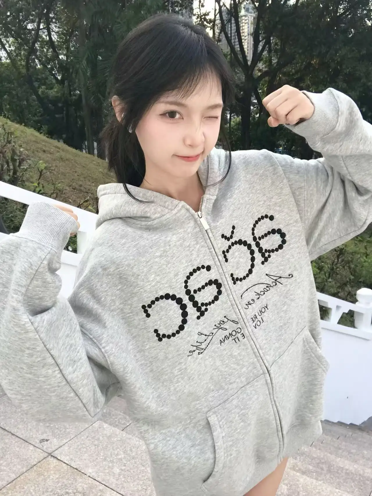 العصرية الأبيض ey Long Sve هوديي المرأة المطرزة طباعة فضفاضة الهيب هوب Sle التخسيس الشارع الشهير سستة العصرية Jaet #1