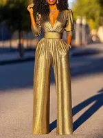 Uoozee Female Fashion Sexy Deep V-neck High Waisted Wide Leg Jumpsuits 2025 New Long Sleeves Solid Color Loose Party Outfits - Image 6