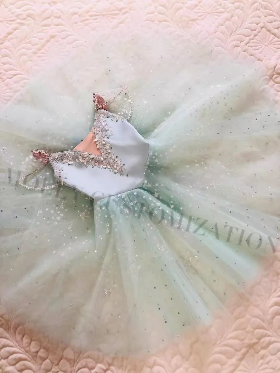 2024 New Ocean and Pearl Pas de Deux Ballet Skirt Aqua Green Diamond Sparkling Long Skirt Customized for Adults and Children