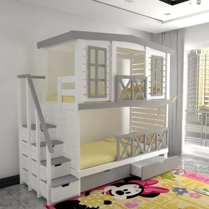 Attic design double-layer solid wood gray children's bed with windows storage ladder cabinet  