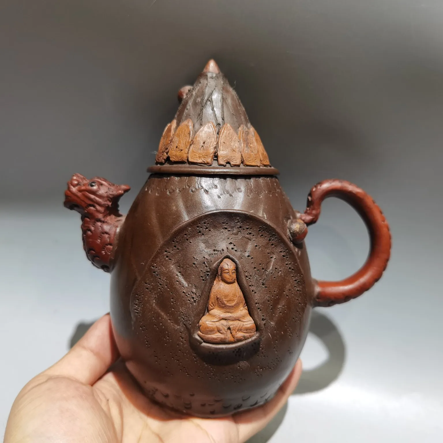 Old Chinese Handicraft Enameled YiXing Zisha (red stoneware) Teapot,pointy style teapot,with mark, Free shipping