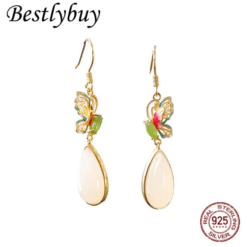 

Антикварные серьги из стерлингового серебра 925 пробы с позолоченными синими филигранными бабочками и каплями воды из натурального нефрита Хотан, темпераментные женские серьги