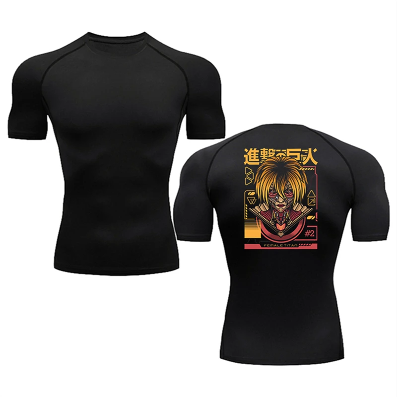 Summer Quick Dry Breathable Elastic Short sleeve Anime Attack On Titan Print Compression Men's Fitness Sports Running T-shirt