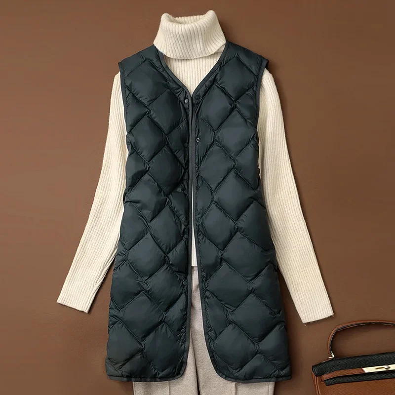 WWHEE Autumn Quilted Duck Down Vest Ultra Light Thin Jacket Women Winter Feather Long Warm Basic Casual Waistcoat 2024