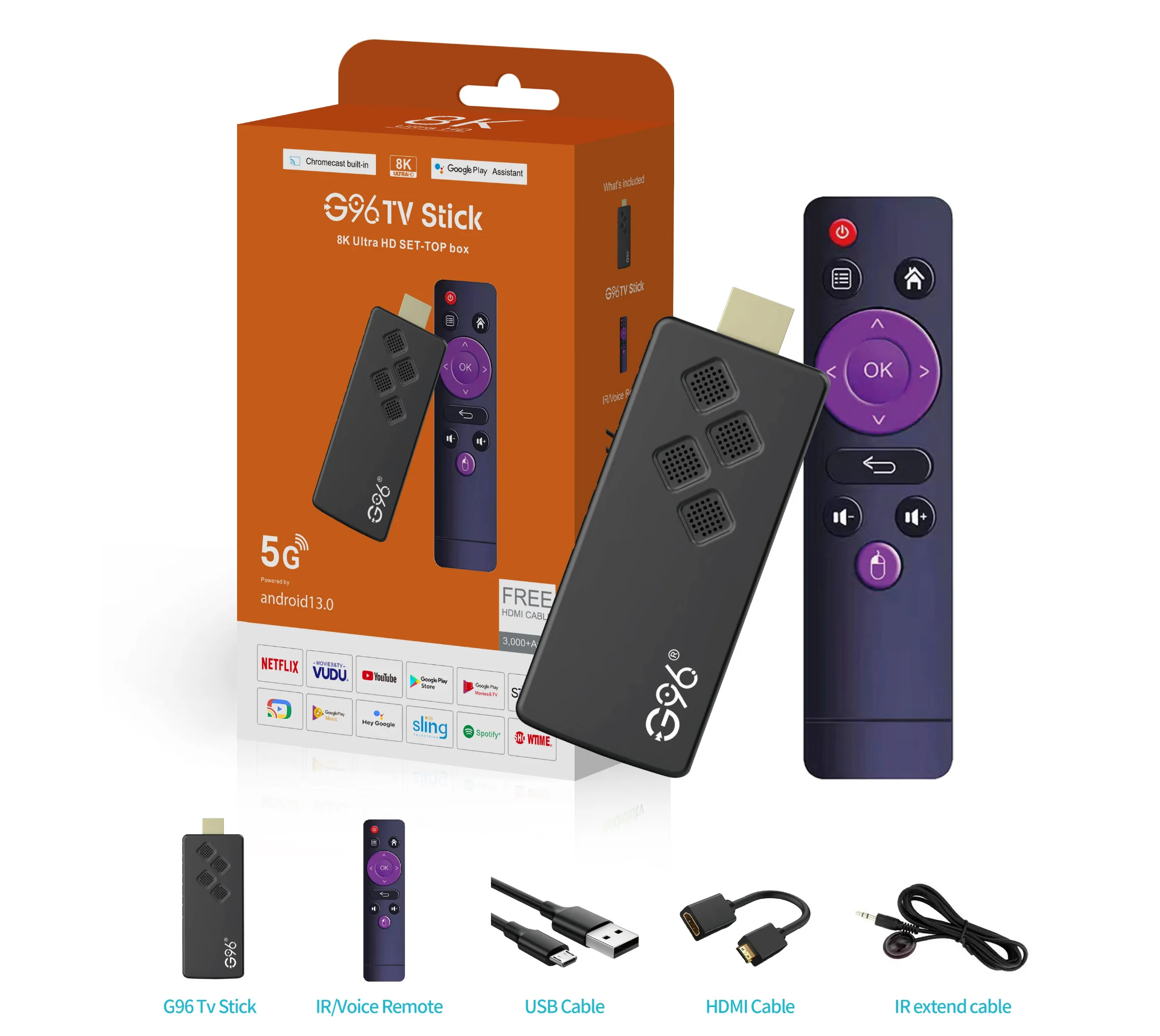 Android13.0 Hot G96 4k infrared remote control TV Stick 2GB 16GB ATV2.4G&5G Dual Wifi BT5 Netflix Youtube Media Player