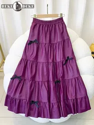 Women Fashion Genuine Leather Long Skirt Casual Loose Fit Elastic High Waist Sweet Bowknot Solid Color Lady Layers A-Line Skirts