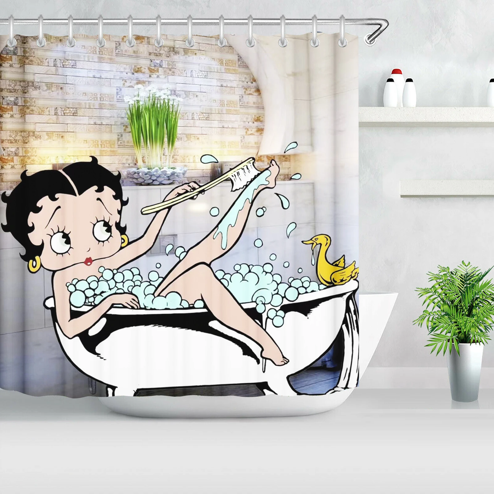 Girls Cartoon Betty Poop Shower Curtain Screen Bath Toilet Accessories Anime Funny Cute Accessory Hook