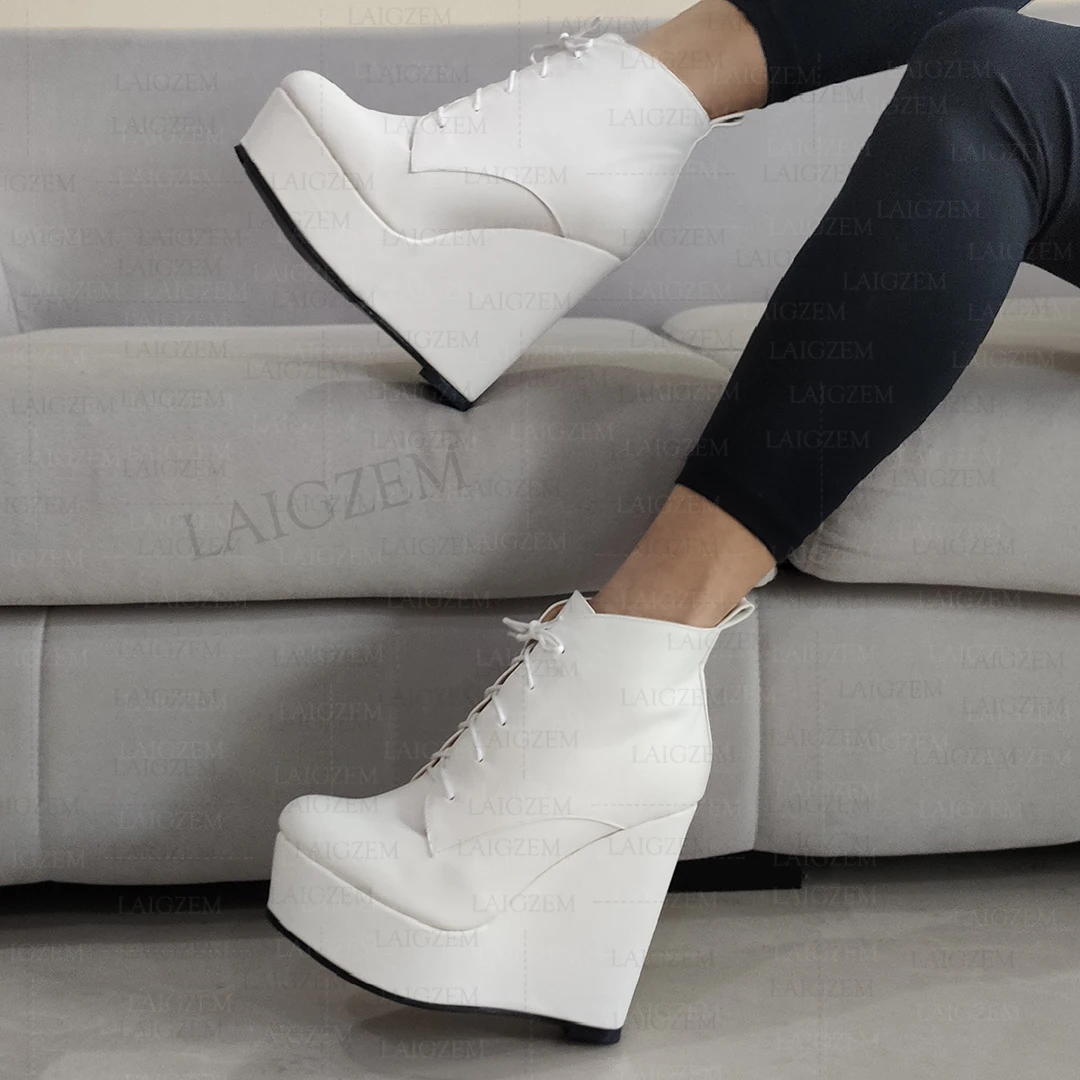 LAIGZEM Women Ankle Boots Platform Wedges Lace Up Faux Leather Short Boots Height Increase Lady Shoes Woman Big Size 41 43 45 52