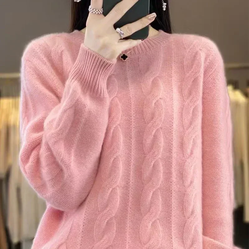 Fall/Winter Women\'s Sweater Pure Wool Round Neck Solid Color Loose Knitted Cashmere New Pullover Winter Clothes Women 2024