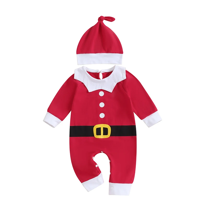 My First Christmas Outfit Newborn Baby Santa Elf Costume Long Sleeve Romper Jumpsuit with Hat Xmas Dress-Up Clothes