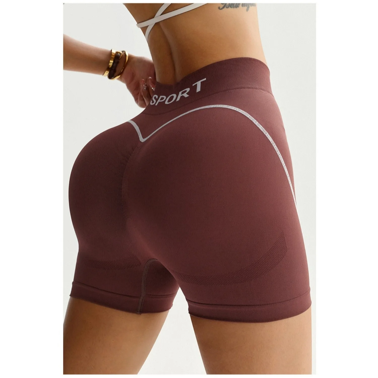 

Бесшовные трикотажные женские шорты для спортзала с высокой талией, облегающие брюки для йоги в полоску с алфавитом, штаны для йоги для фитнеса и упражнений