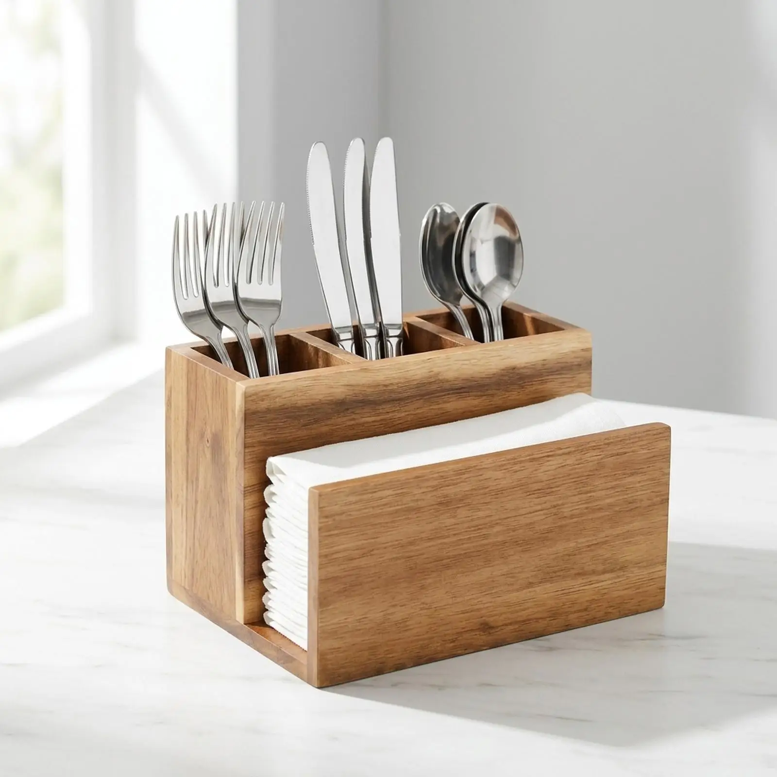 Wooden Napkin Holder Silverware Organizer Multi Section Flatware Storage for Living Room Bedroom Kitchen
