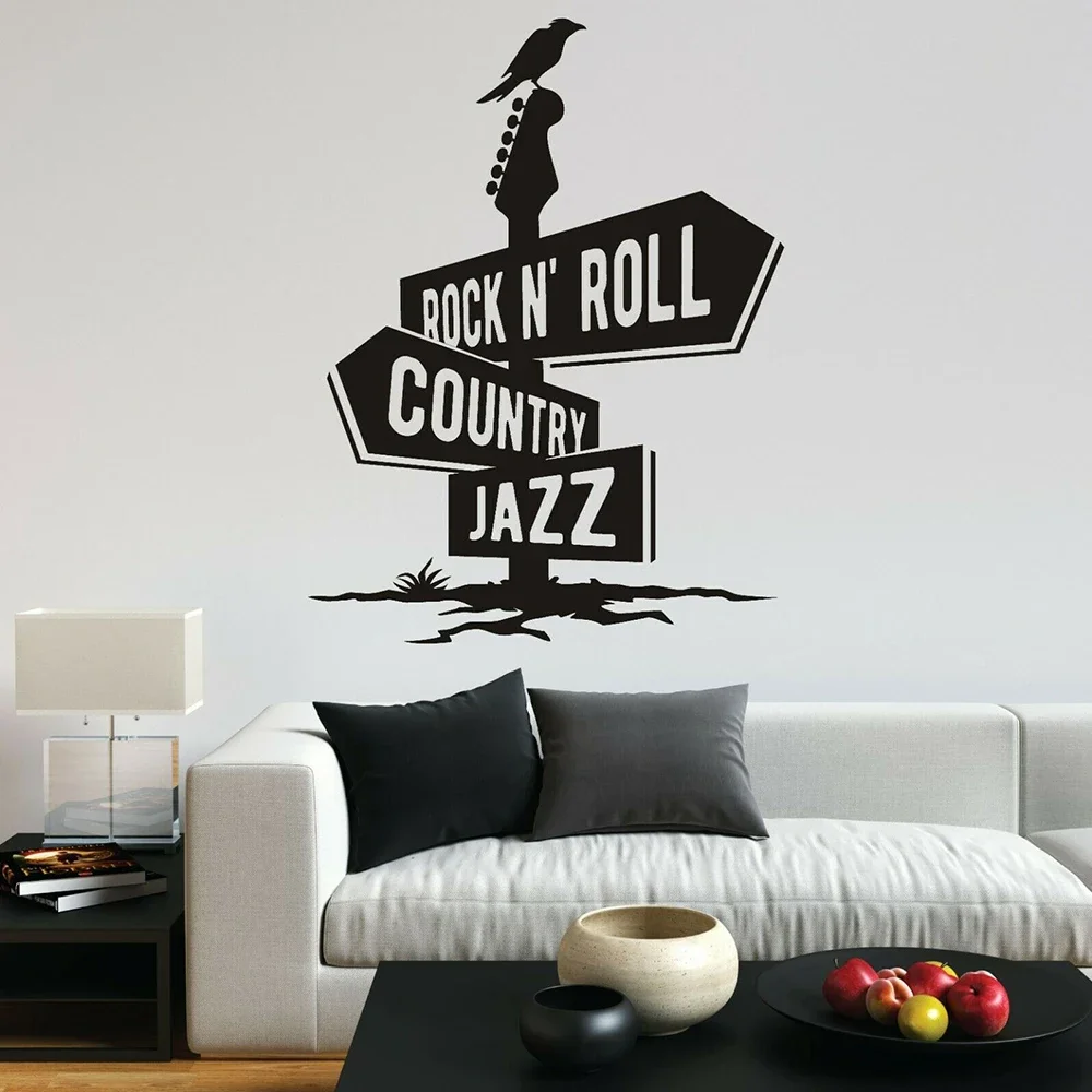 Rock n Roll Country Jazz Wall Decal Crow Guitar Music Fun Vinyl Wall Decals Vinyl Wall Art Sticker for Home Bedroom Decor X161