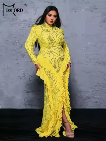 Missord Plus Size Yellow High Neck Long Sleeved Ruffled Wedding Birthday Party Evening Large Evening Dress