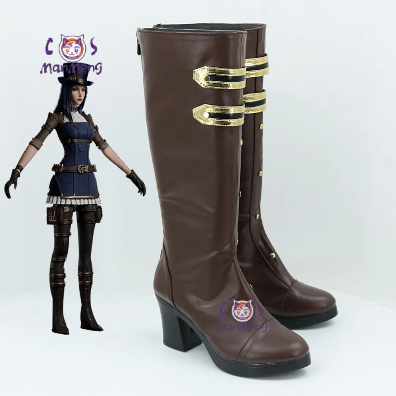 Anime Arcane：League of Legends Caitlyn·Kiramman Cosplay Shoes Brown Fashion Leather Boots Carnival Party Men Women High Heels