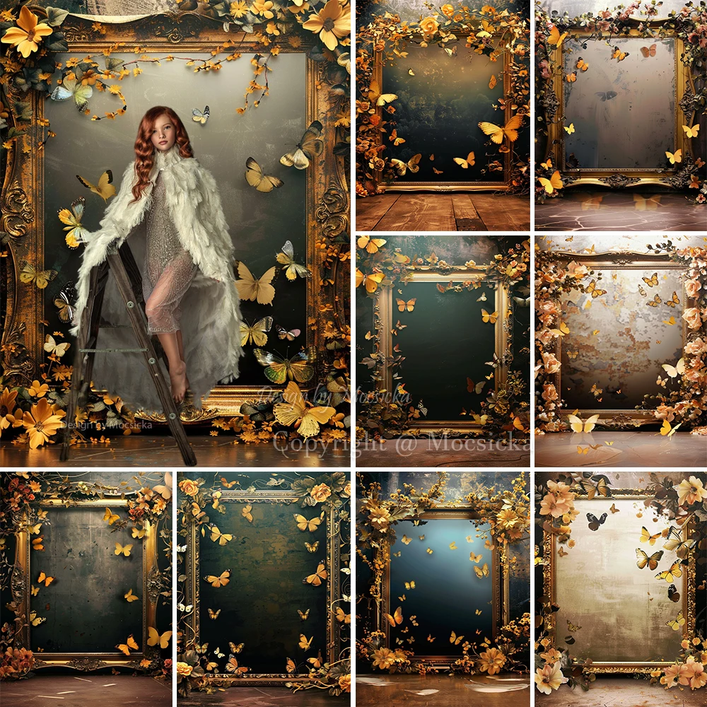 

Photography Background Studio for Maternity Retro Gold Photo Frame Butterfly Backdrop Girl Birthday Portrait Baby Show Photocall