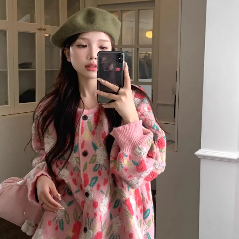 Prinzessin Rundhals Blume Strickjacke Junges Mädchen Mode Süße Lose Gestrickte Pullover Mantel Y2K Frühling Herbst Kleidung Tragen Draußen