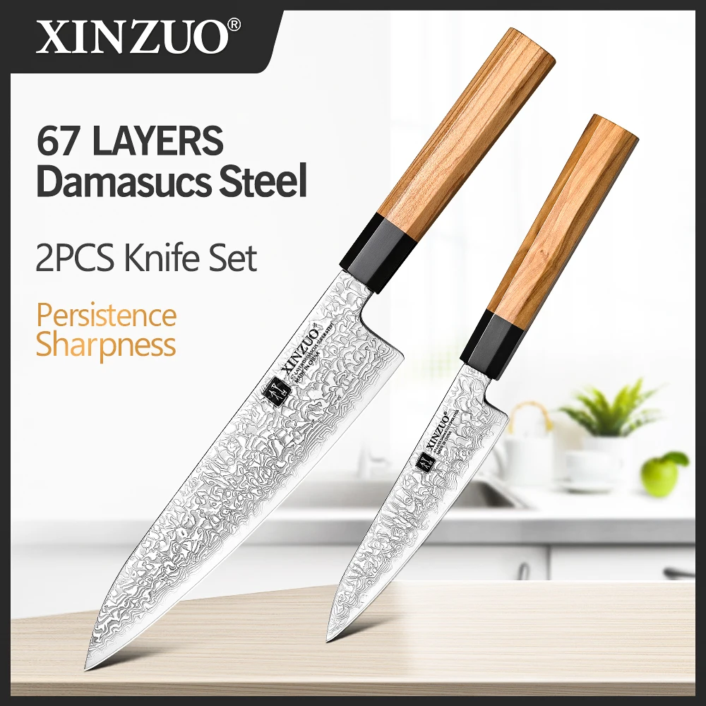 XINZUO 2 Piece Knife Set Custom 67 Layers Damascus Steel Chef Utility Knives High Hardness Professional Japanese Kitchen Knives