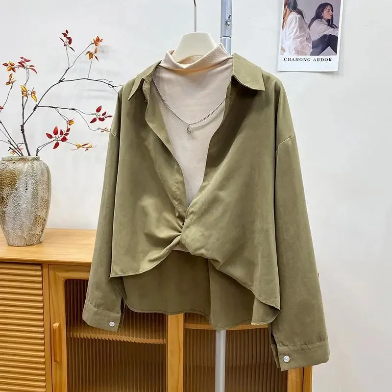 

Women's Olive Green Oversized Blouse Twist Front Long Sleeve Casual Layering Shirt