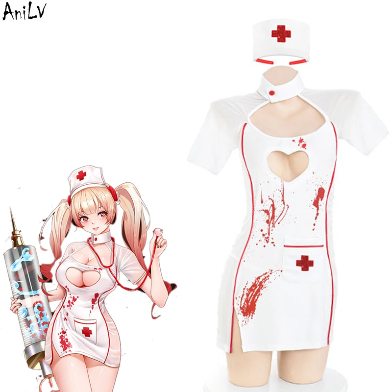 AniLV nueva serie de enfermeras uniforme Cosplay mujeres dulce amor corazón hueco vestido conjunto de trajes disfraces de Carnaval de Halloween