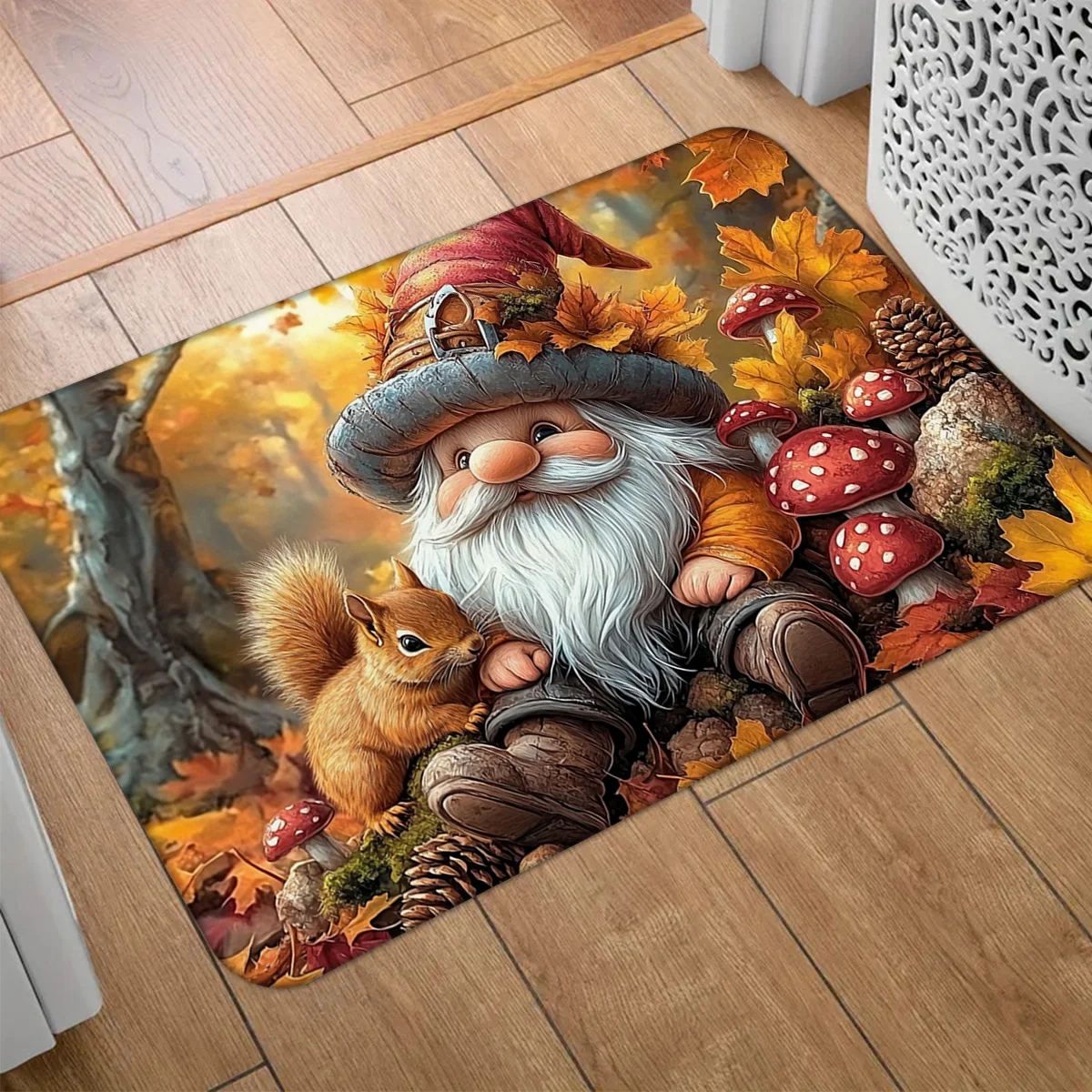 Fall Gnome Squirrel Doormat, Thanksgiving Mushroom Indoor Entrance Welcome Mat, Washable Kitchen Bathroom Laundry Rug